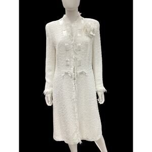 Escada Blazer Women’s Size 12 Long Boucle Rayon/Cotton Blend Ribbon Detail White